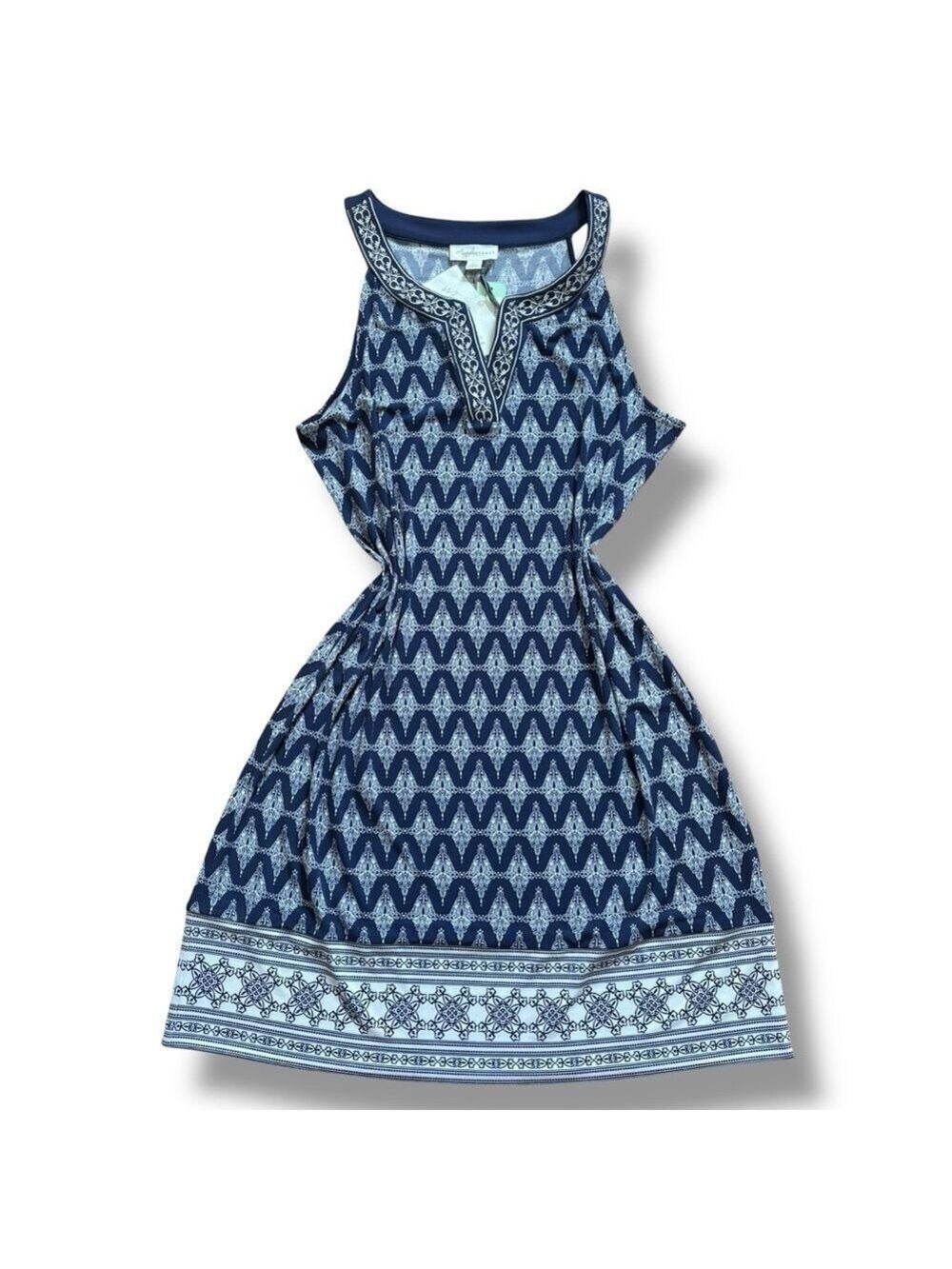 NWT Magnolia Grace Blue White Alhambra Embroidered Trim Knit Dress - Size Large